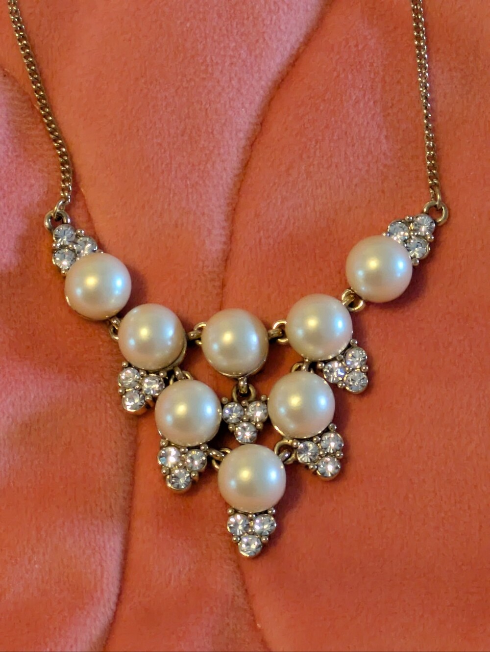 Monet Necklace Drop Bib Cluster, Faux Diamond And Pearls, Adjustable